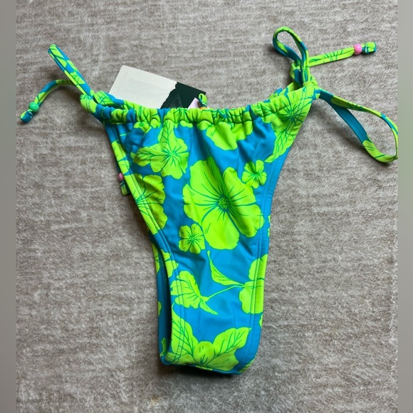 NWT Women's String Sexy Fit Bikini Bottom Blue Neon Green Tropical Floral small - Picture 2 of 5